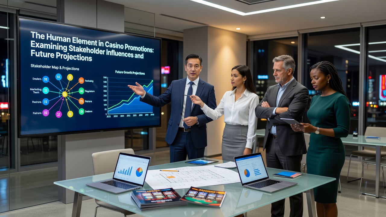 Casino floor with diverse stakeholders including players, staff and managers interacting during a promotional event